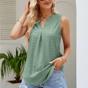Notched Neck Curved Hem Eyelet Tank